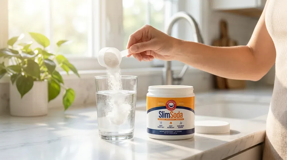 A level scoop of SlimSoda powder going into a glass of water on a kitchen counter, the tub beside it